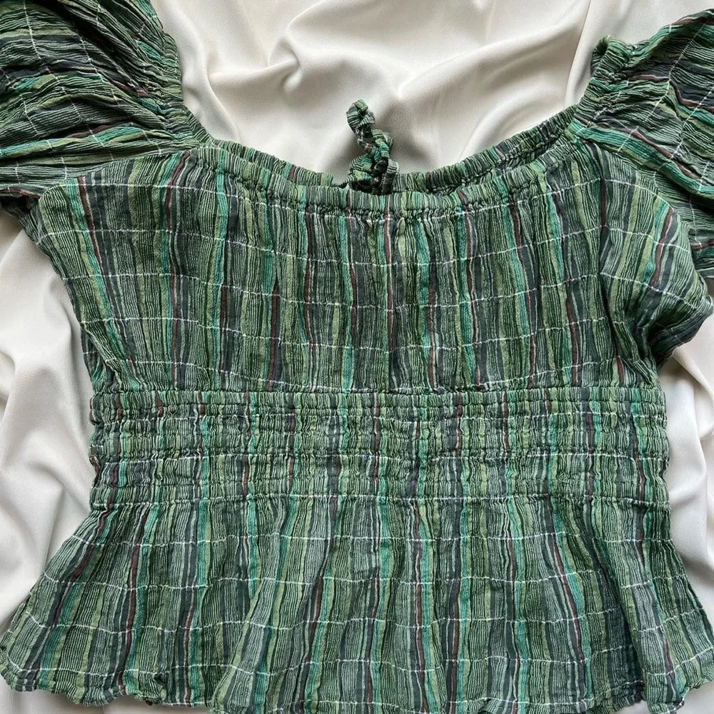 Free People Viva Smocked Green Stripe Top